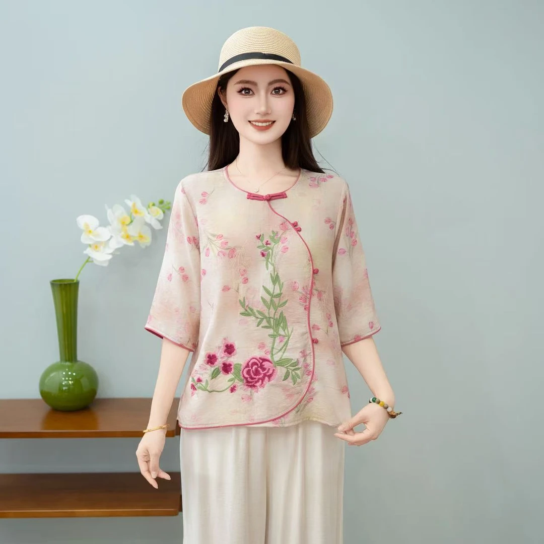 母亲节妈妈装薄款宽松型圆领中老年女装民族风盘扣女装休闲中国风