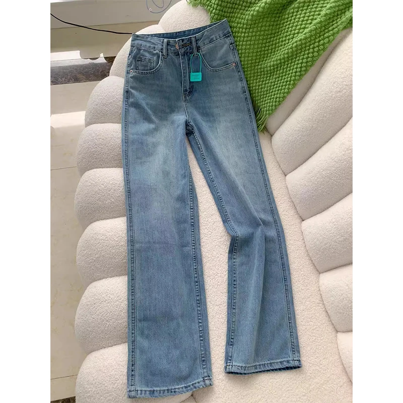 浅蓝色宽松直筒牛仔裤女春季新款美式复古高腰显瘦垂感窄版阔腿裤