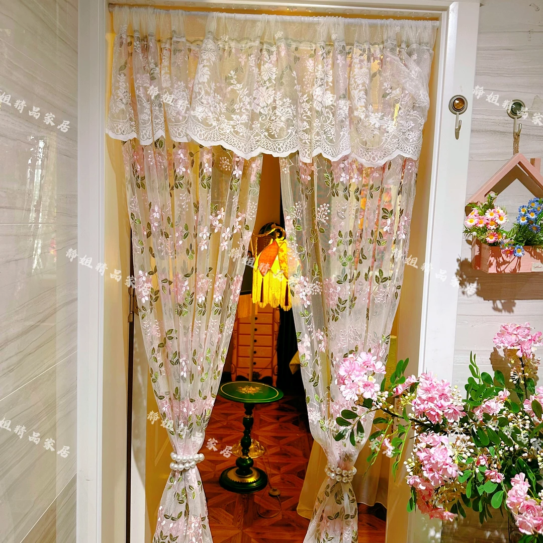 轻奢绿韵流苏边碎免打孔安装隔断门帘纱帘蕾丝布艺卧室厨房隔断