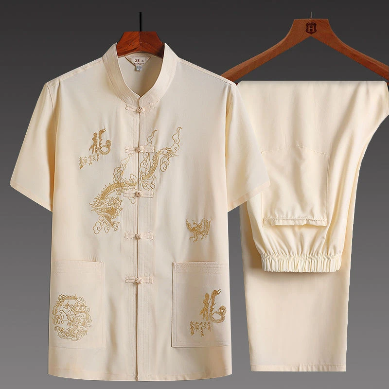 中老年人夏季套装唐装男短袖衬衫刺绣爸爸大码晨练服爷爷汉服衣服