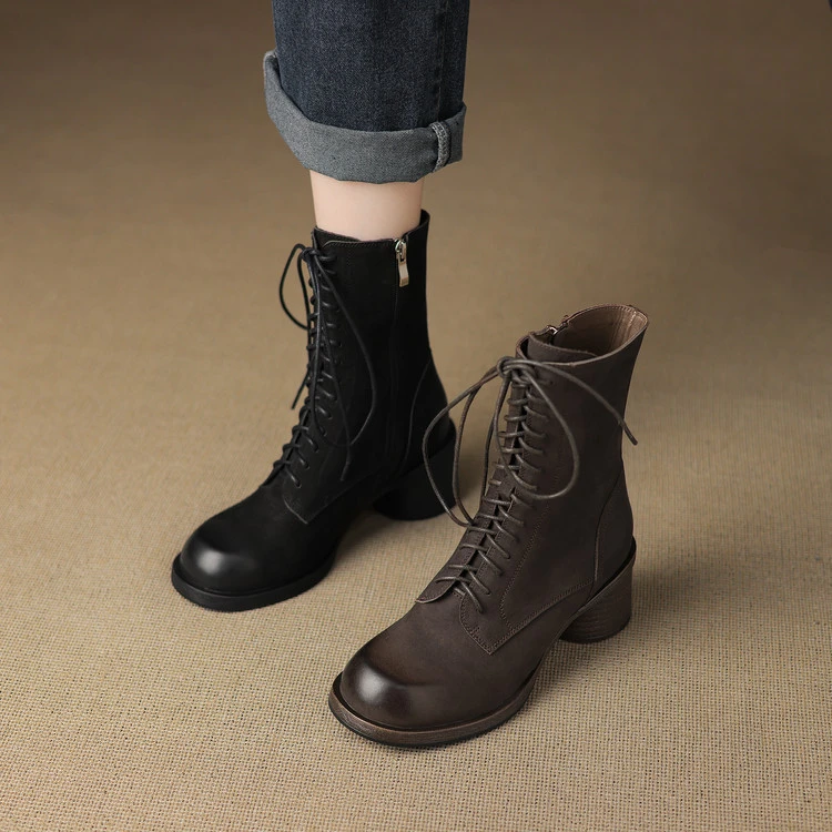 5cm 英伦风复古百搭粗跟马丁靴秋冬法式气质简约休闲时尚圆头短靴