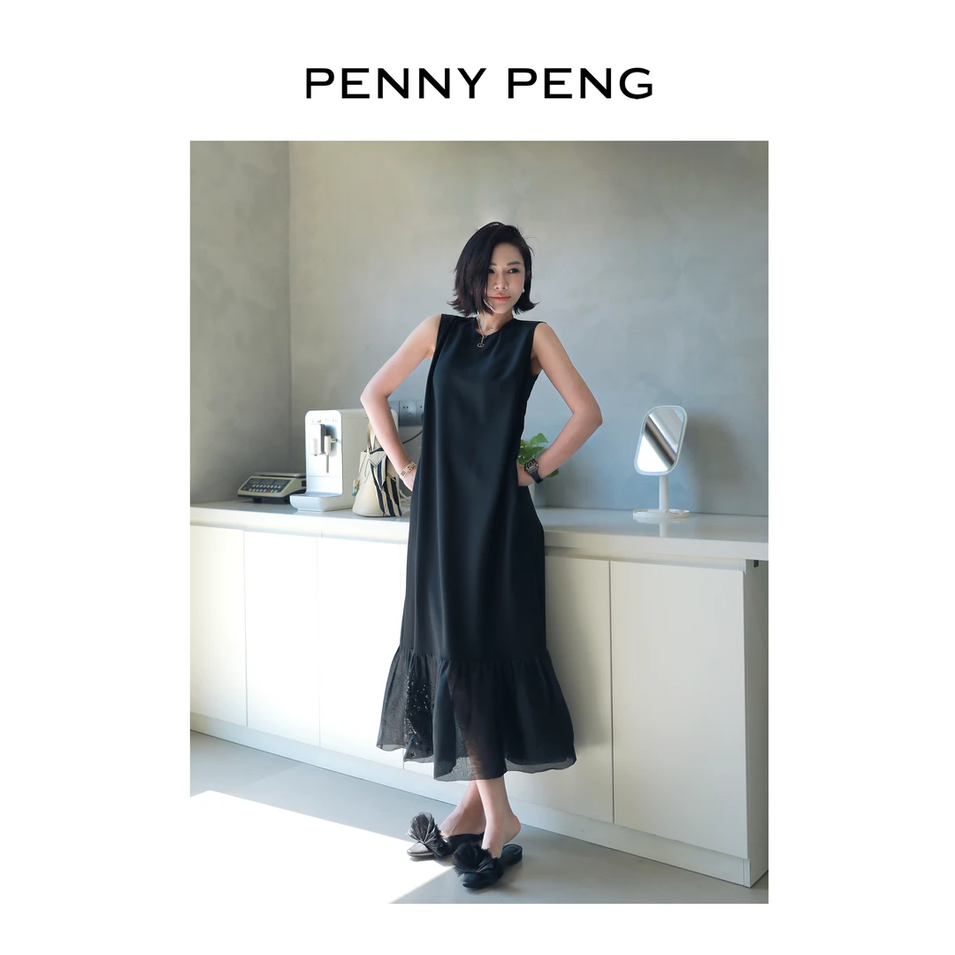 PENNYPENG伦勃朗夜色显瘦气质春夏黑色30MM重工钉珠桑蚕丝连衣裙