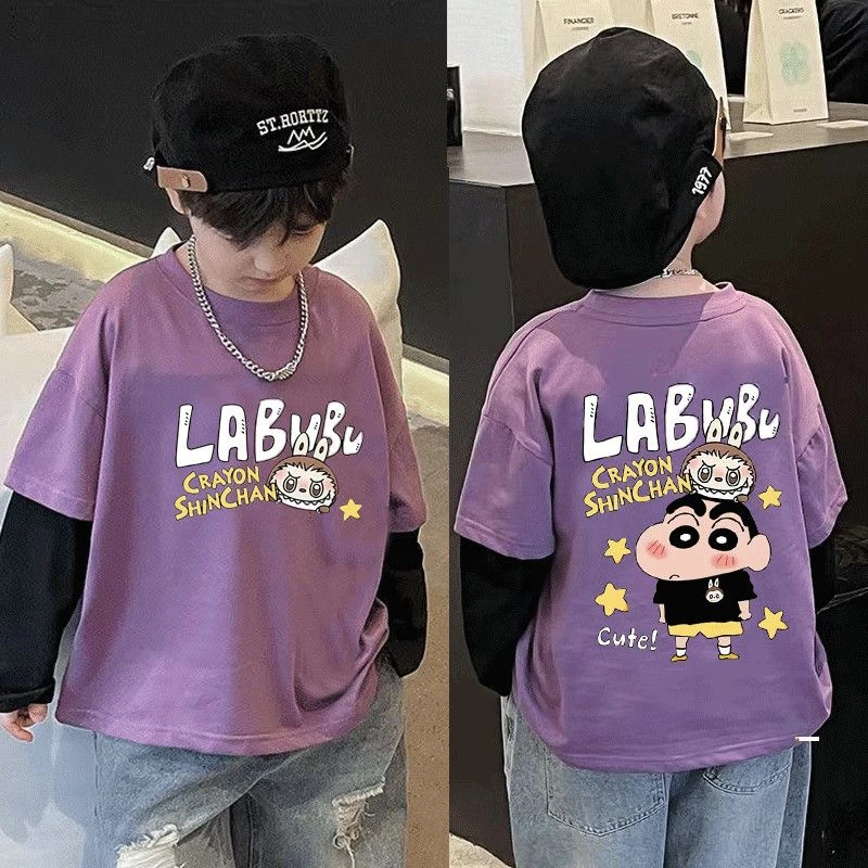 2025春秋儿童拉布韩范潮酷假两件打底衫男童帅气百搭长袖T恤上衣t