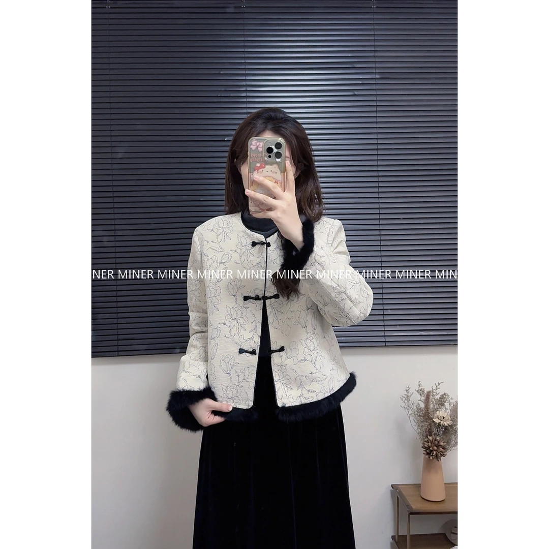 【敏儿家】新中式提花国风拼兔毛新国标90白鸭绒羽绒外套#258209