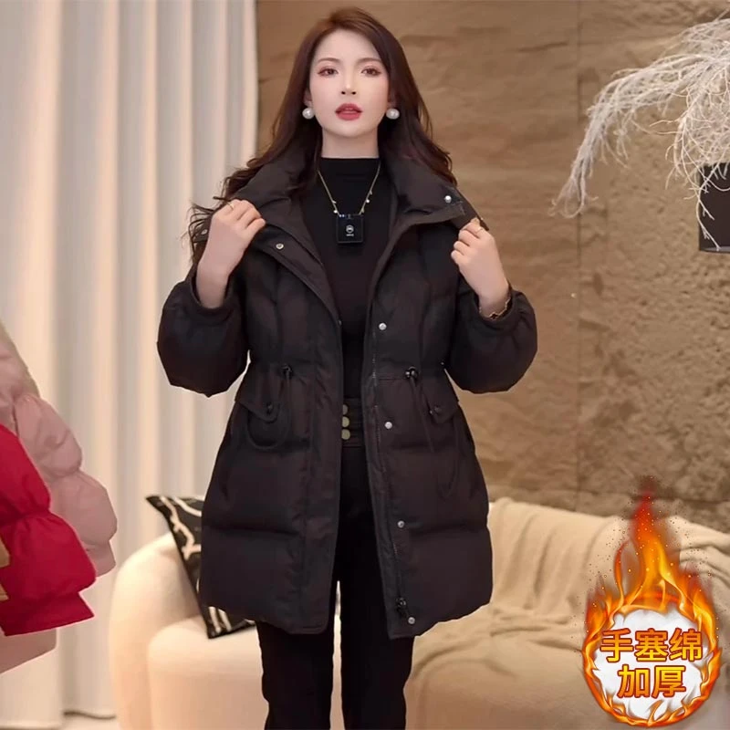 韩版中长款连帽棉服外套女2025年冬季新款百搭保暖设计感潮流棉衣