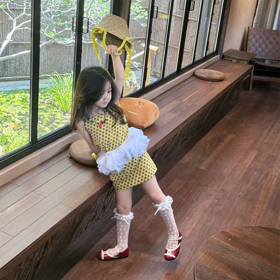 壹妈童装女童夏季套装新款洋气女宝黄色波点吊带背心裙蕾丝屁帘