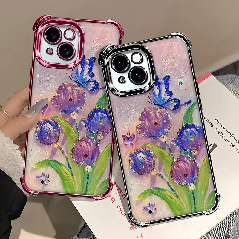 适用于【苹果】15Max/15Plus时尚高颜值简约油画郁金香紫色手机壳