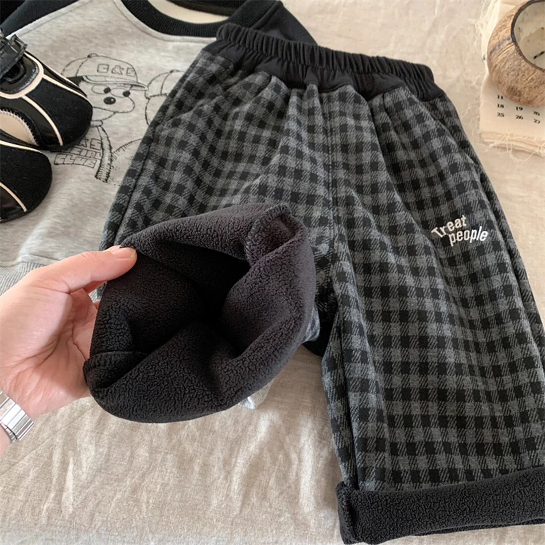 男童加绒裤子秋冬儿童帅气休闲裤2025新款时髦宝宝格子裤男孩长裤