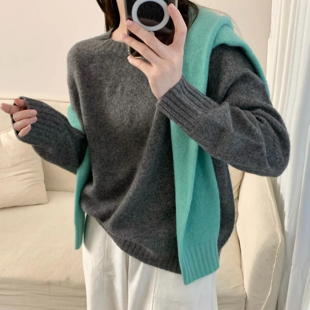 【无缝圆领】小浣熊圆领套头无缝宽松套头毛衣