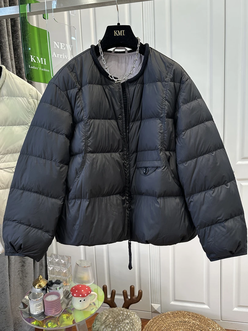 2025年秋冬新款气质简约纯色拉链圆领棉服女保暖宽松休闲夹棉外套