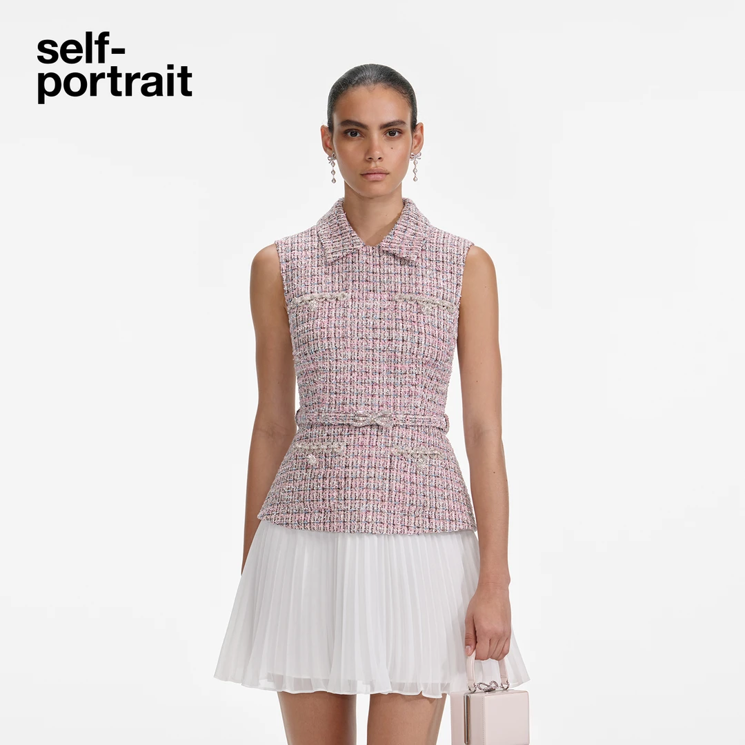 self-portrait 2025秋冬新款红粉混色小香风粗花呢假两件连衣裙