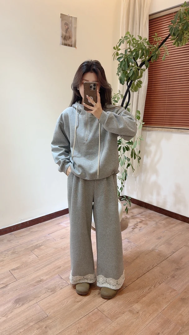 小思 卫衣套装连帽上衣+高腰松紧裤拼接蕾丝韩系运动套装