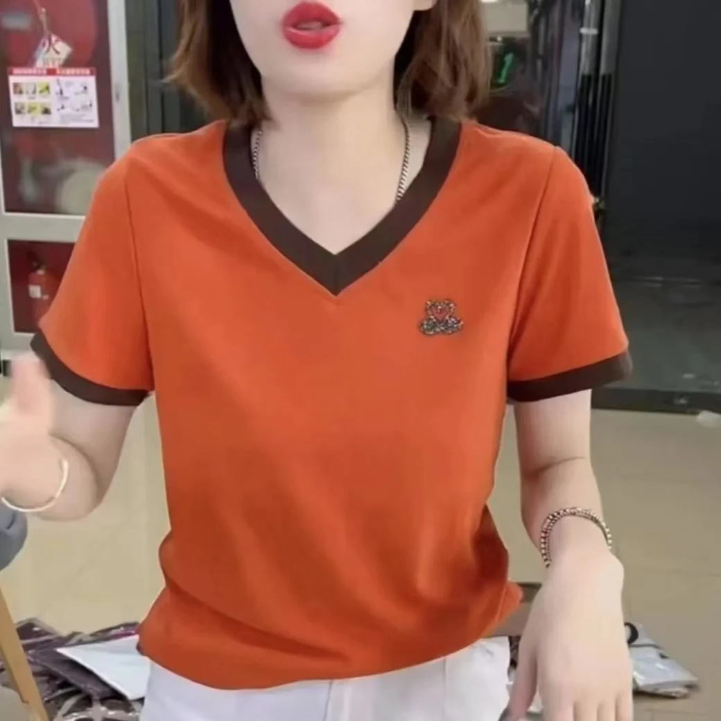 【新款福利】短袖时尚V领小天鹅显瘦T恤气质女士百搭弹性大