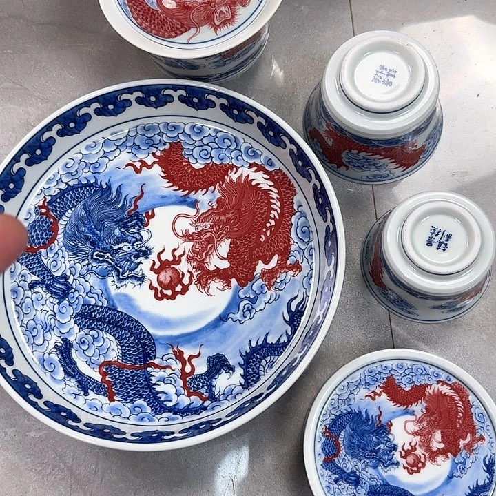 瓷片双龙戏珠5件套景德镇