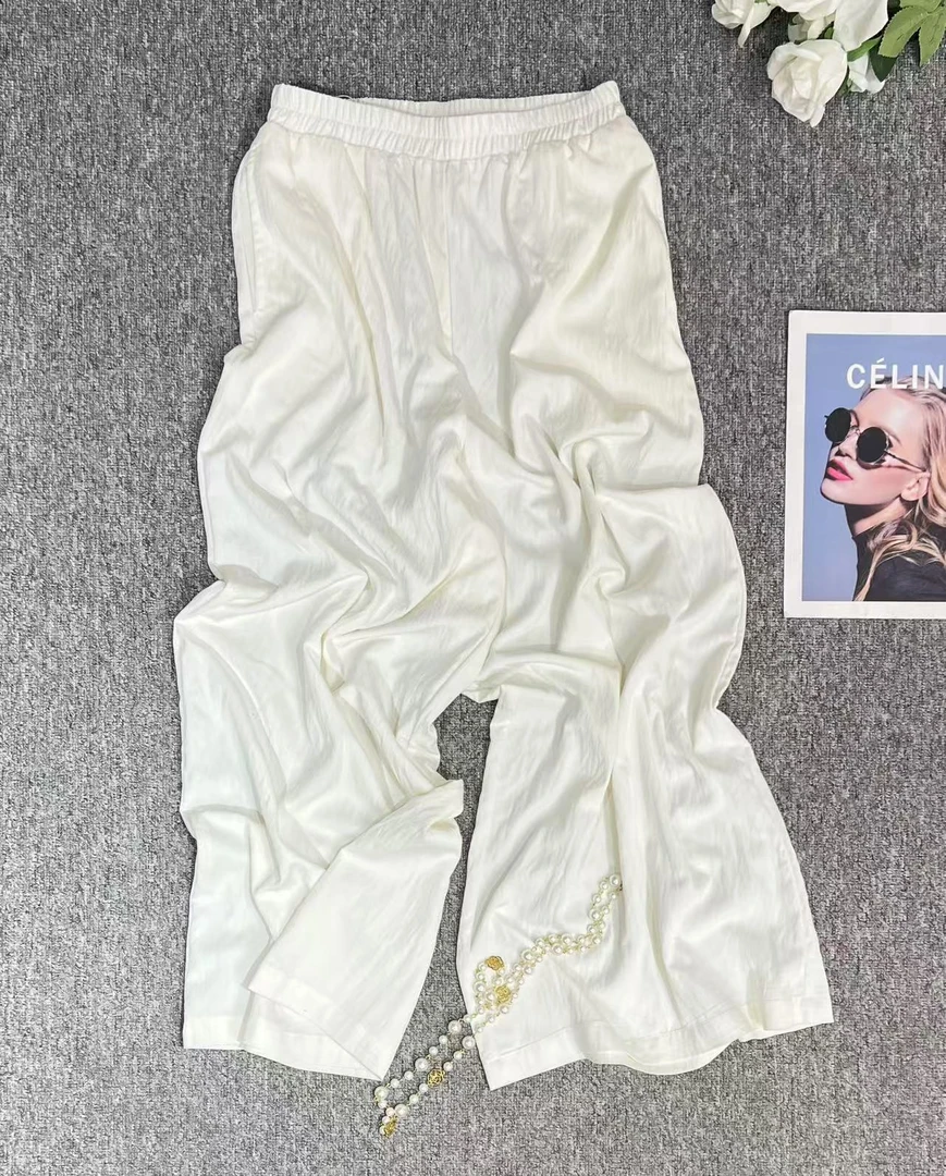 高端定制时尚轻奢净纯色系松紧腰阔腿裤夏季新款宽松休闲裤