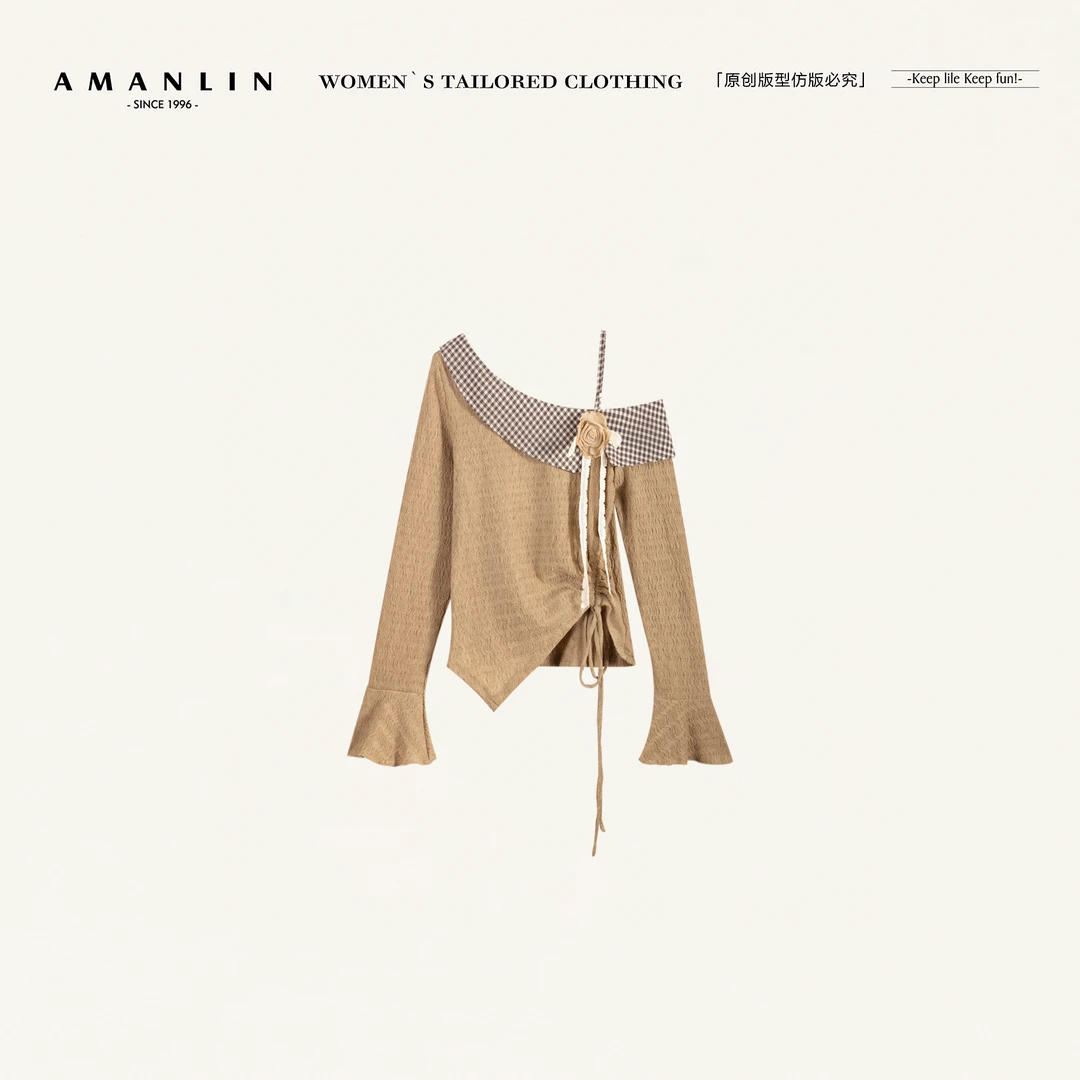AMANLIN/阿谩琳琥珀流光少女风斜肩抽绳不规则上衣上衣D599792