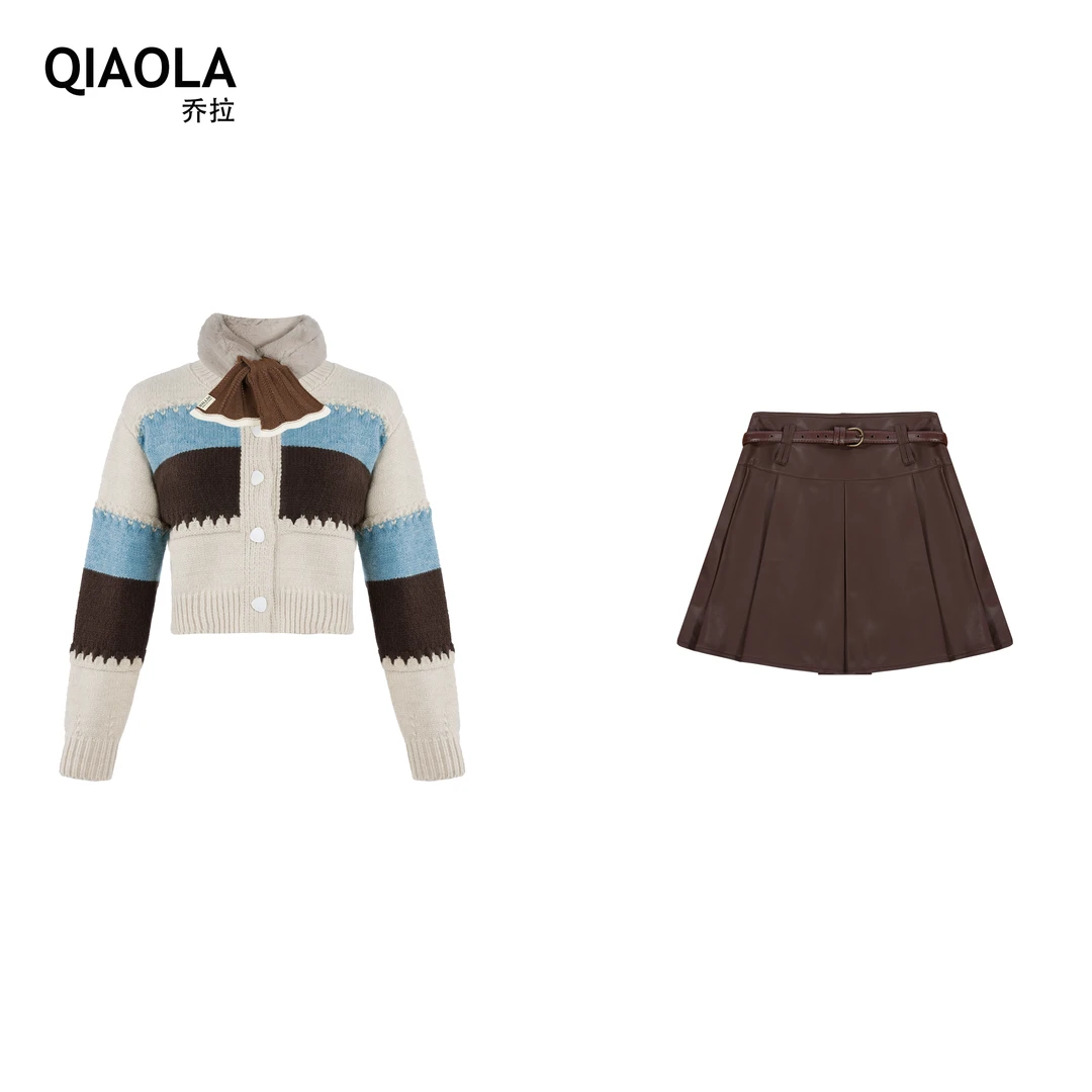 QIAOLA/乔拉【邮票秋思】秋冬款彩色粗条毛织围脖皮裙百褶时尚套装
