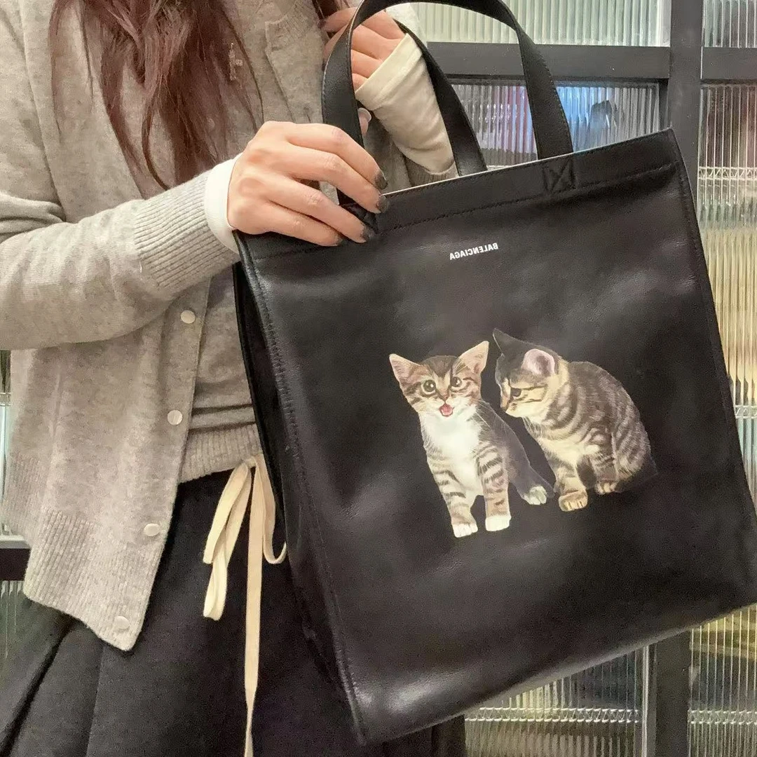 95新 Balenciaga/巴黎世家 【蕾】2HE516 黑色猫咪牛皮托特包