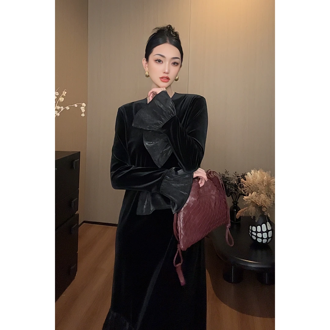 紫紫  浪漫的事   金编绒丝绒拼接连衣裙ZC10LZHJ337