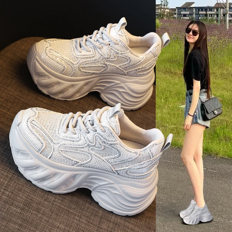 6502-3小个子厚底内增高时尚水钻老爹鞋女2025秋季新款松糕休闲鞋