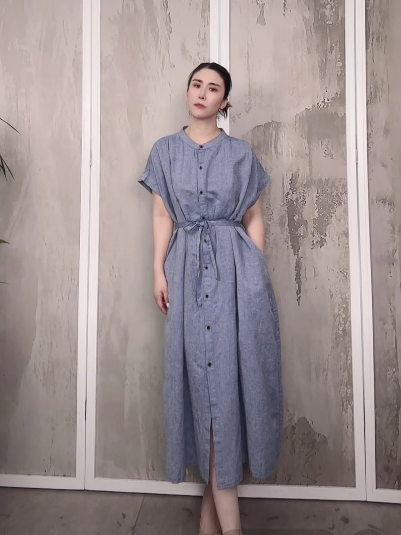（色织蓝）诺曼底色织汉麻长开衫小立领单排扣连衣裙XHH 312