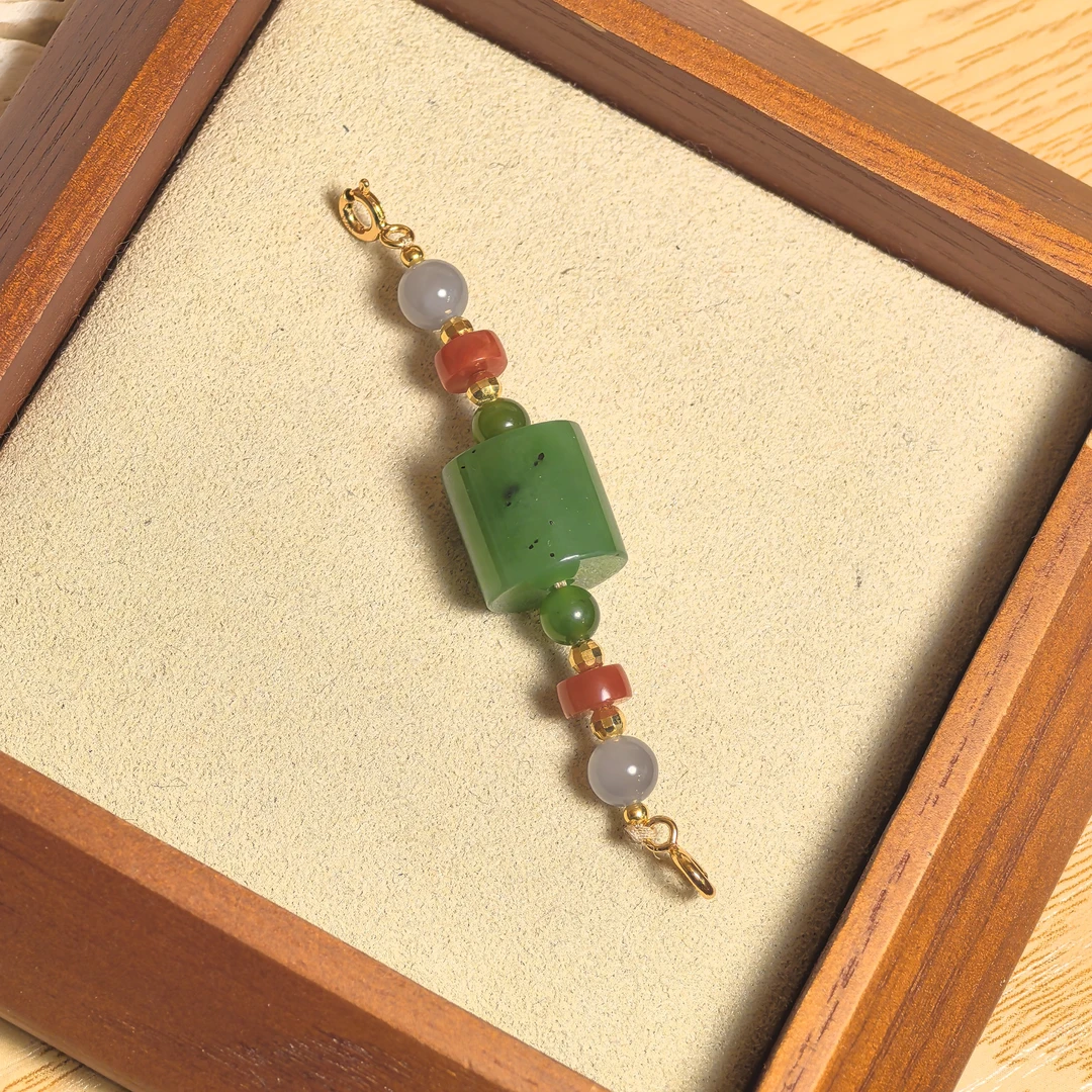 S925银12mm天然和田玉碧玉烟紫南红转金桶吊坠多样性发一