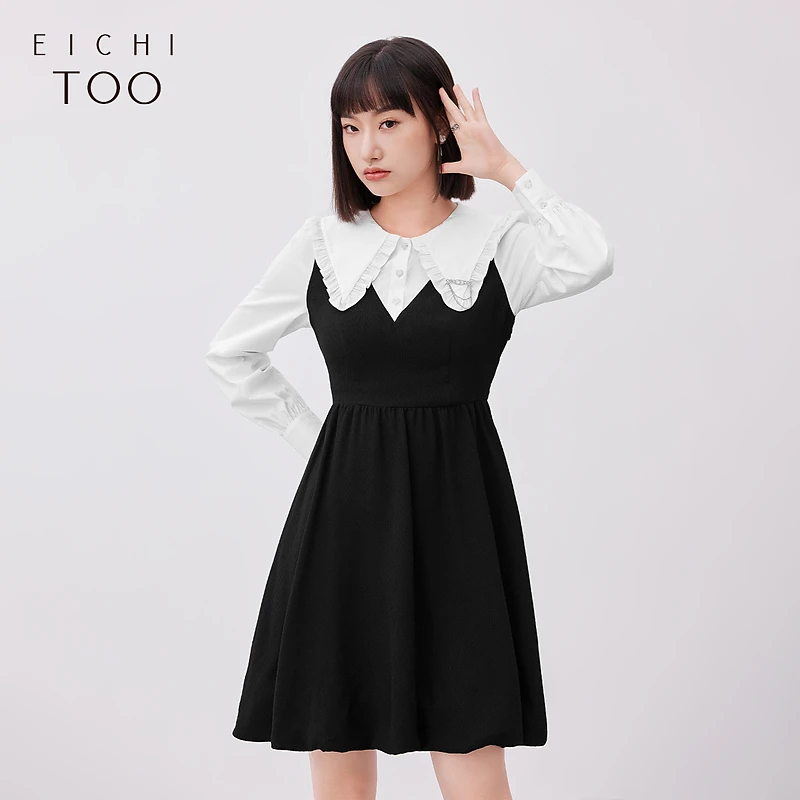 爱居兔撞色拼接设计收腰显瘦长袖连衣裙EQLCJ1N004A