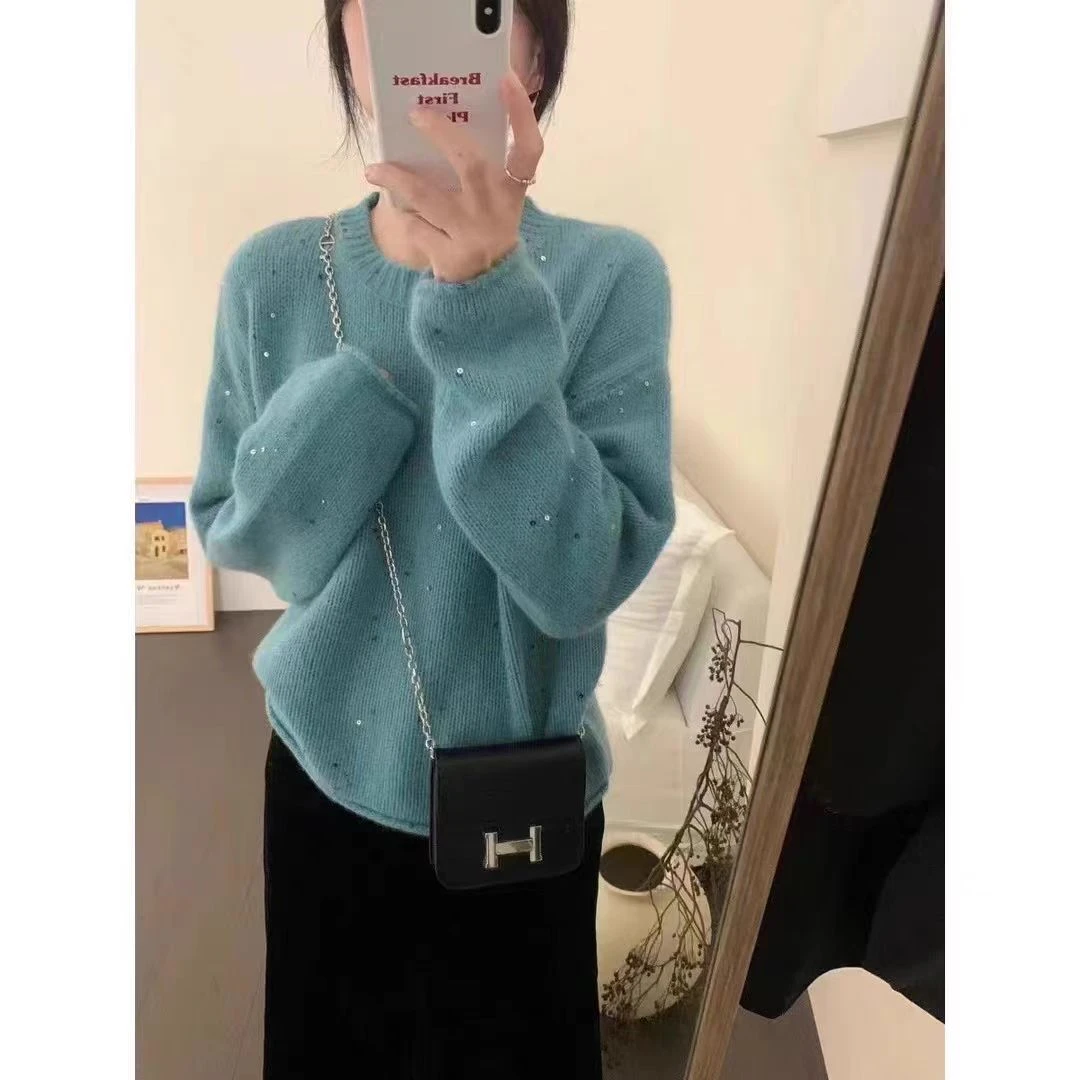 韩系气质蓝色亮片宽松慵懒针织加厚毛衣套头女