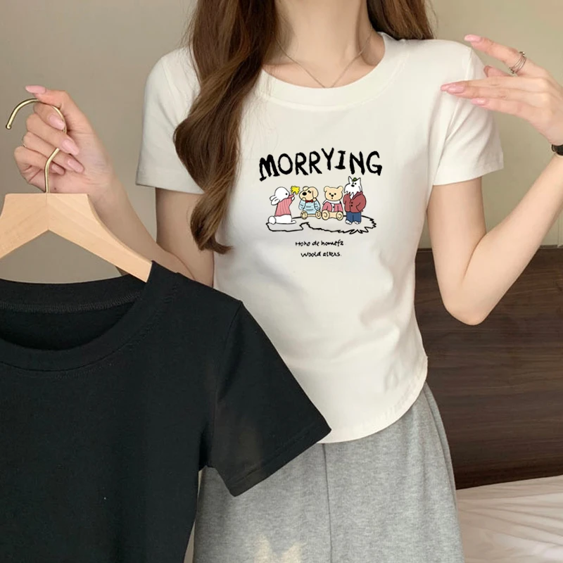 【夏日友聚】圆领夏季短袖T恤女百搭不规则半袖修身显瘦印花上衣