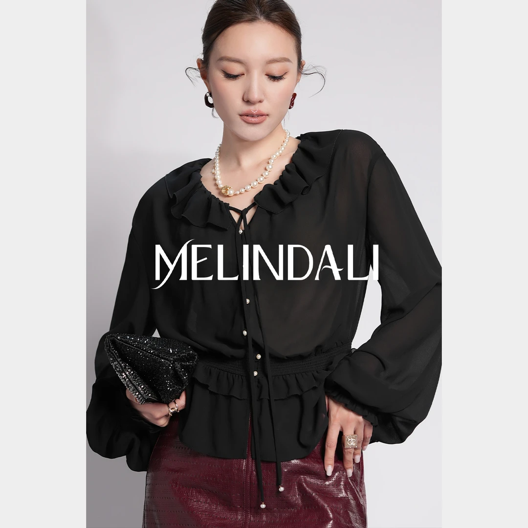 Melinda Li【朦胧飘逸】优雅职场黑色荷叶边灯笼袖收腰雪纺长袖衬衫