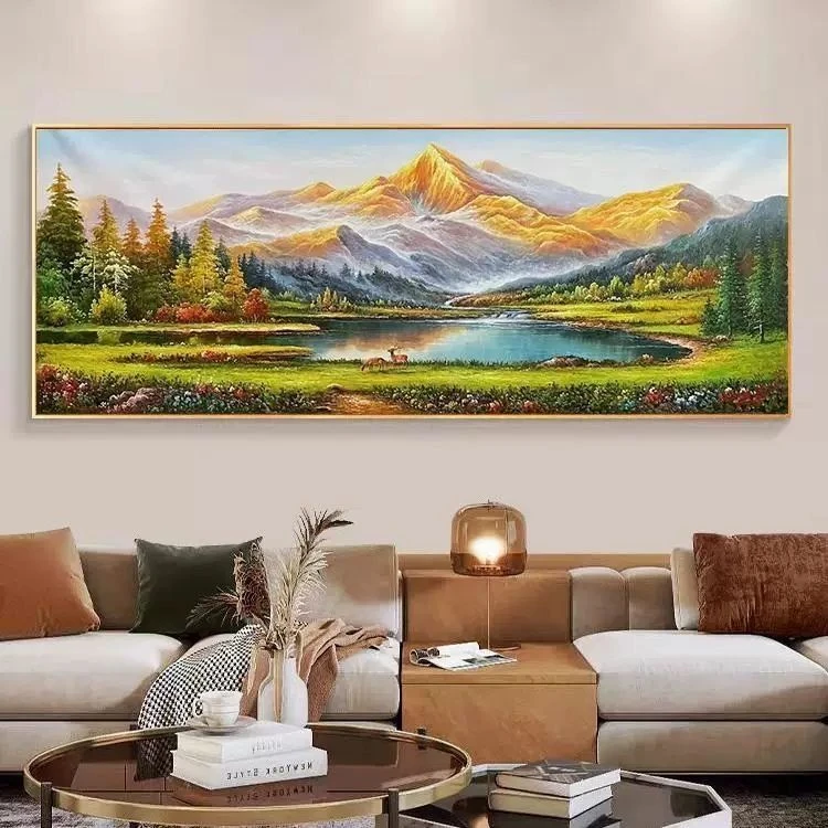新款日照金山新中式背靠金山客厅沙发背景晶瓷镶钻装饰靠山挂画