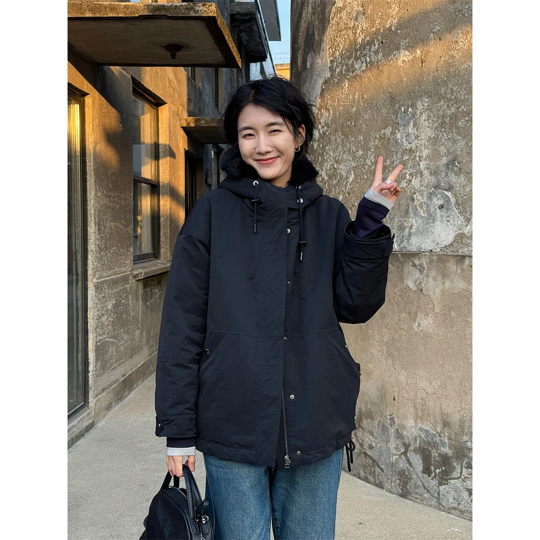 LANGQING 绗棉袖子 兔毛领派克服毛毛外套47158#