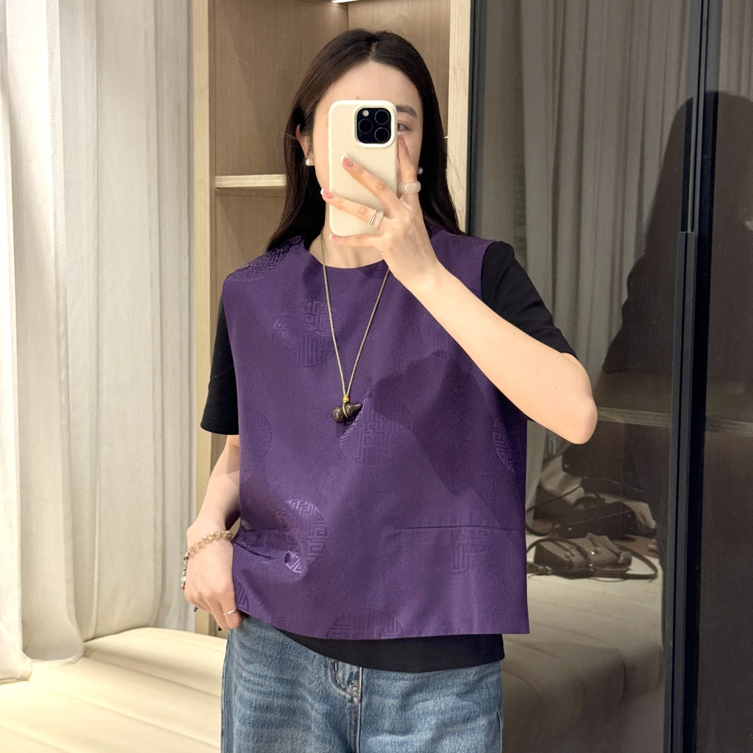 柚子yours【莫等闲】春季新品100桑蚕丝万寿缎国风中式圆领款马甲