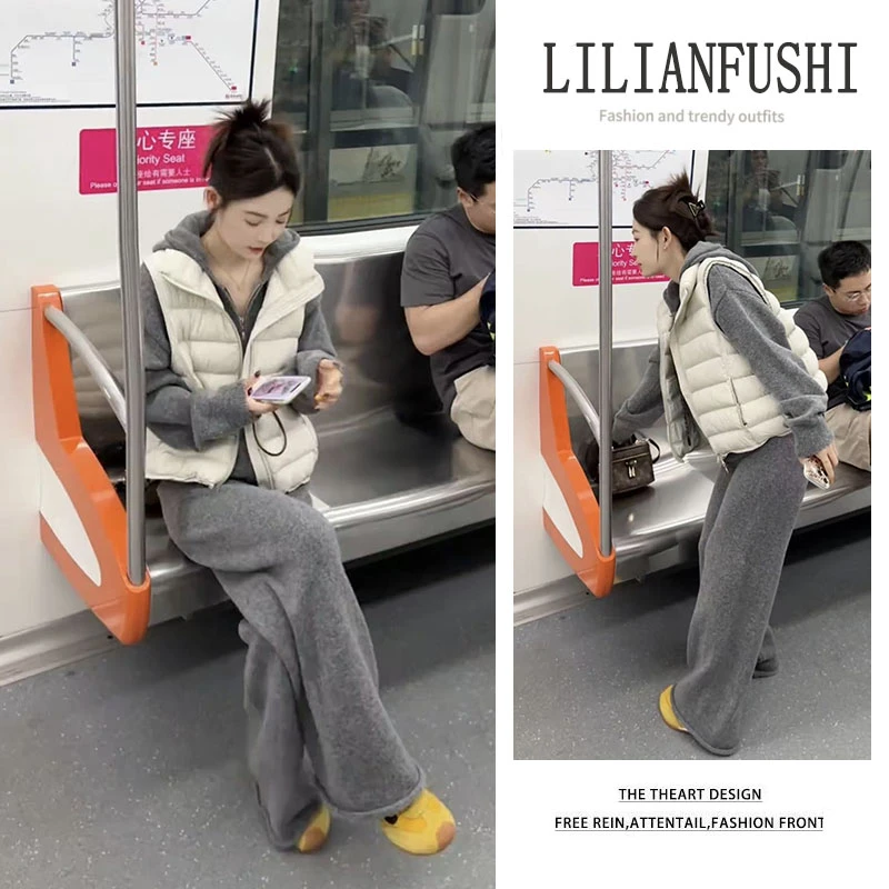 2025秋季新款百搭马甲外套长袖连帽针织衫显瘦阔腿休闲裤三件套女