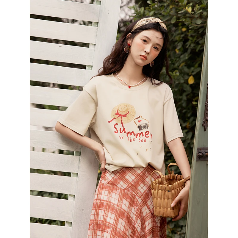 【年中大促】谜秀印花宽松T恤女2025夏季圆领落肩袖显瘦短袖上衣女