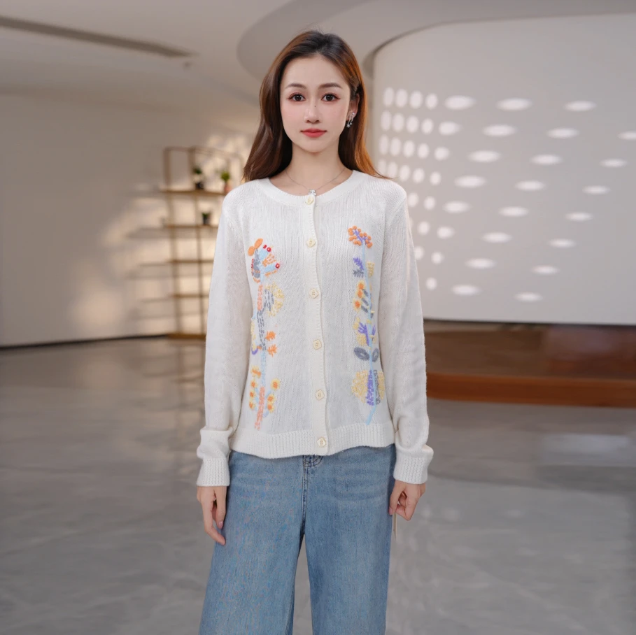 【梦里寻】法式重工纯手工刺绣立体彩色花朵纯羊毛开衫252166-1