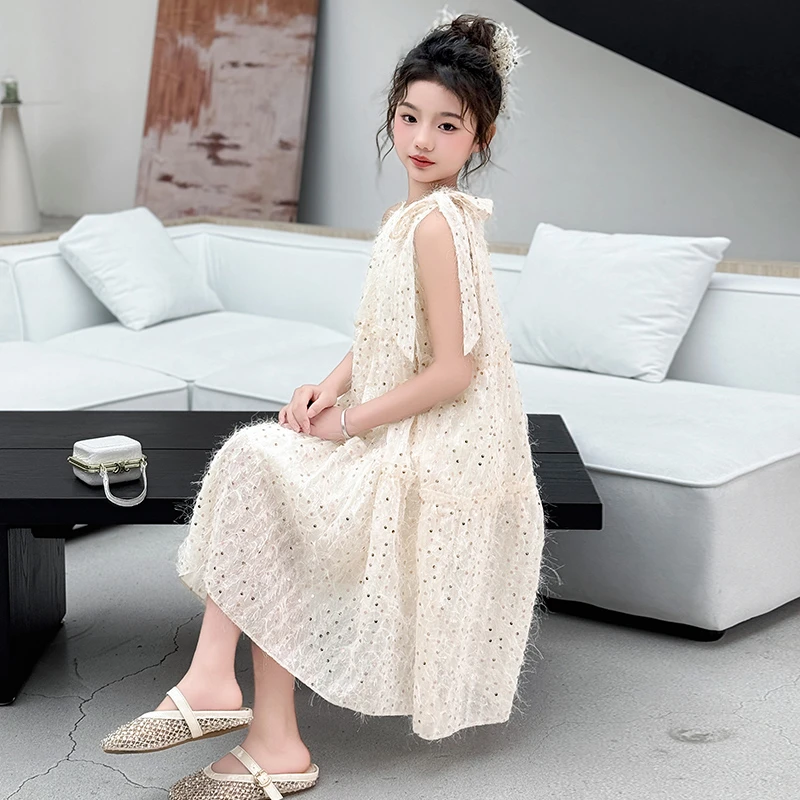 女童连衣裙2025新款夏季中大童洋气小女孩亮片高档儿童时尚公主裙