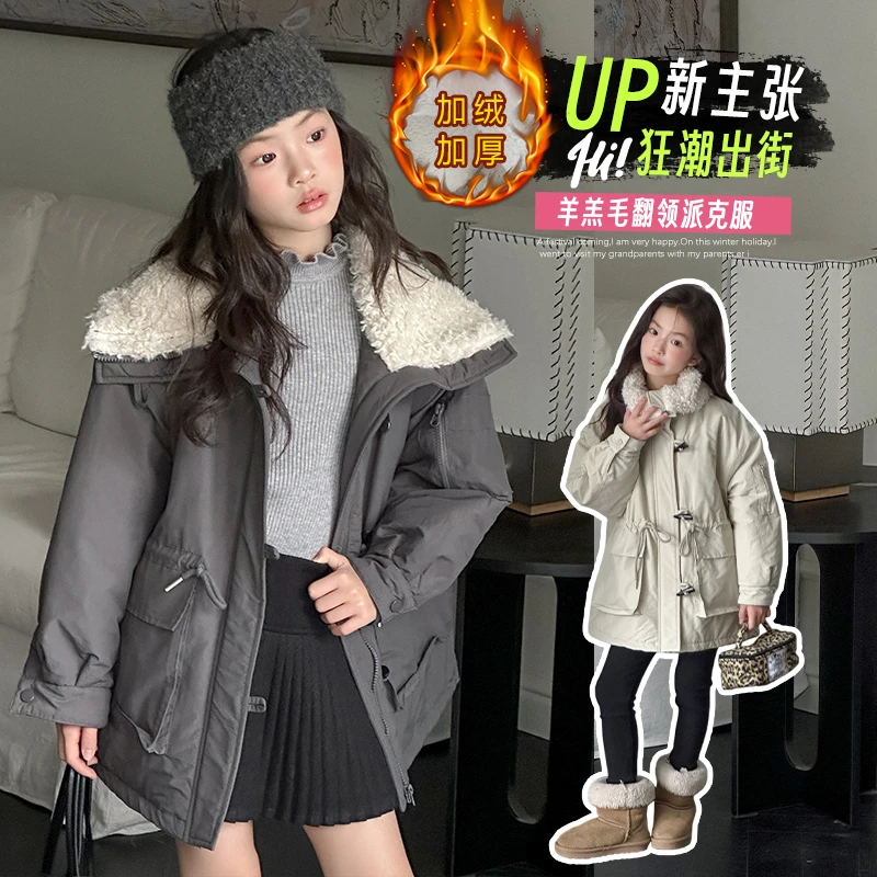 女童工装风休闲风冬季翻领派克服普通外套时尚外套加厚棉服童
