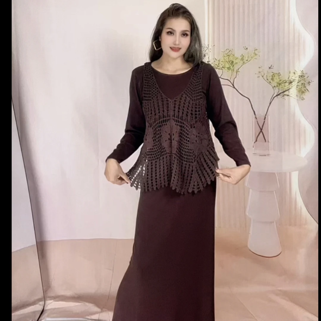 夏季女款镂空针织无袖外搭背心宽松短款钩花V领罩衫一套连衣裙