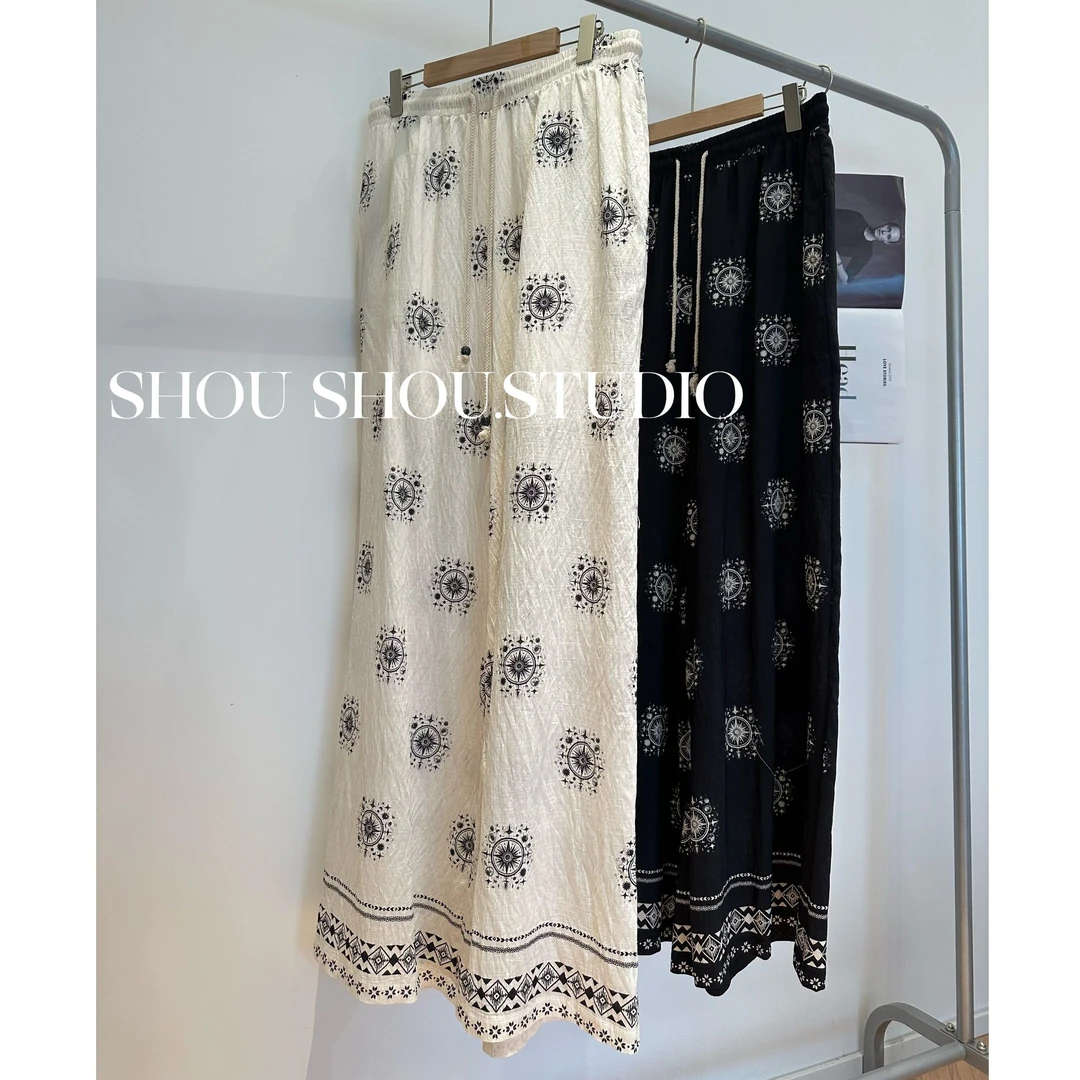 【瘦瘦】烟雨中-大码夏季波西米亚松紧腰串珠抽绳度假阔腿裤S01770