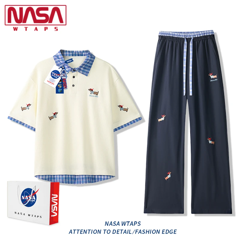 NASA WTAPS腊肠狗短袖休闲运动套装男士夏季冰丝POLO衫裤子两件套