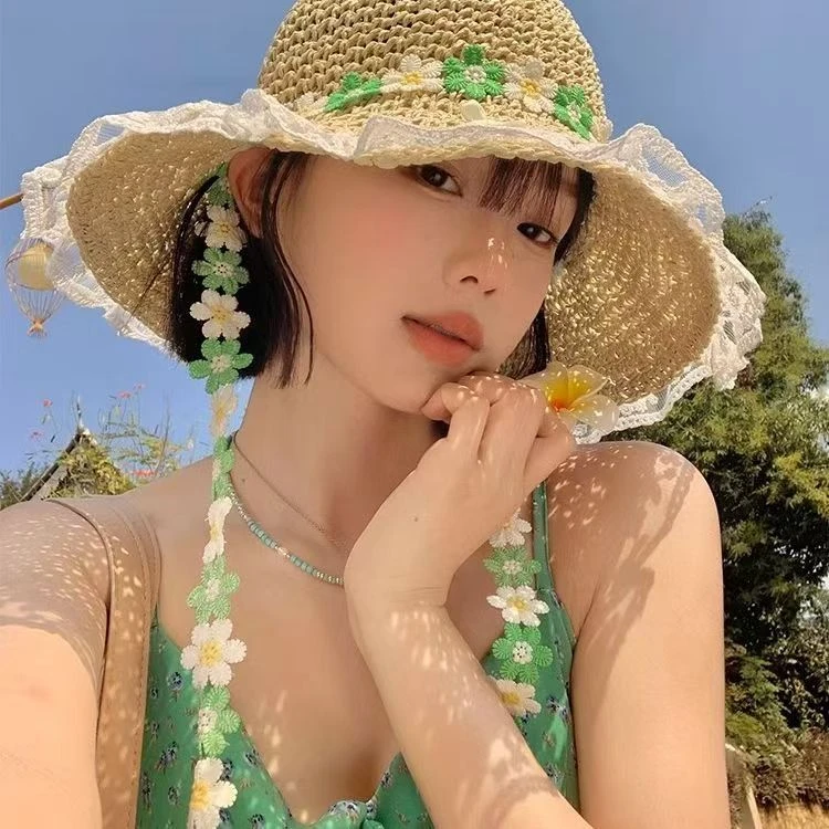 法式大帽檐蕾丝边草帽女2025年春新款海边遮阳太阳帽花朵防晒帽子