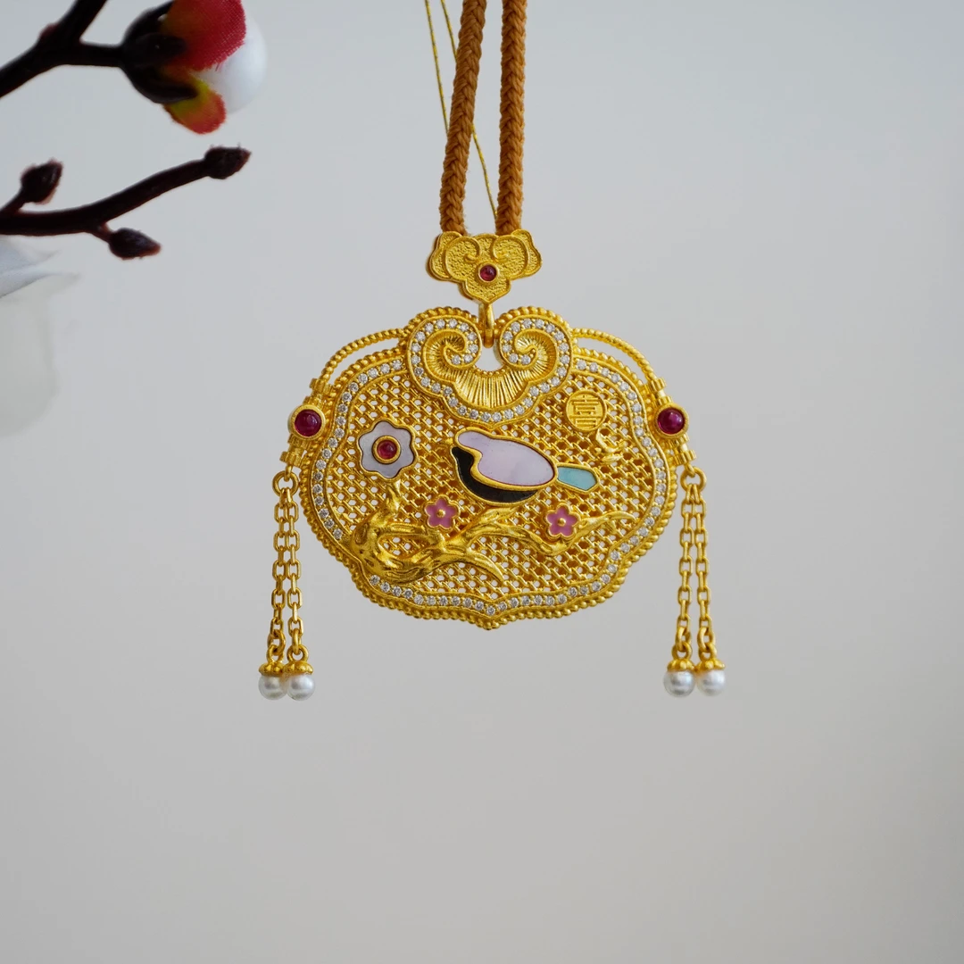 【足金999吊坠】喜鹊登梅镶嵌祥云精美礼物古法挂坠手工（不含链）