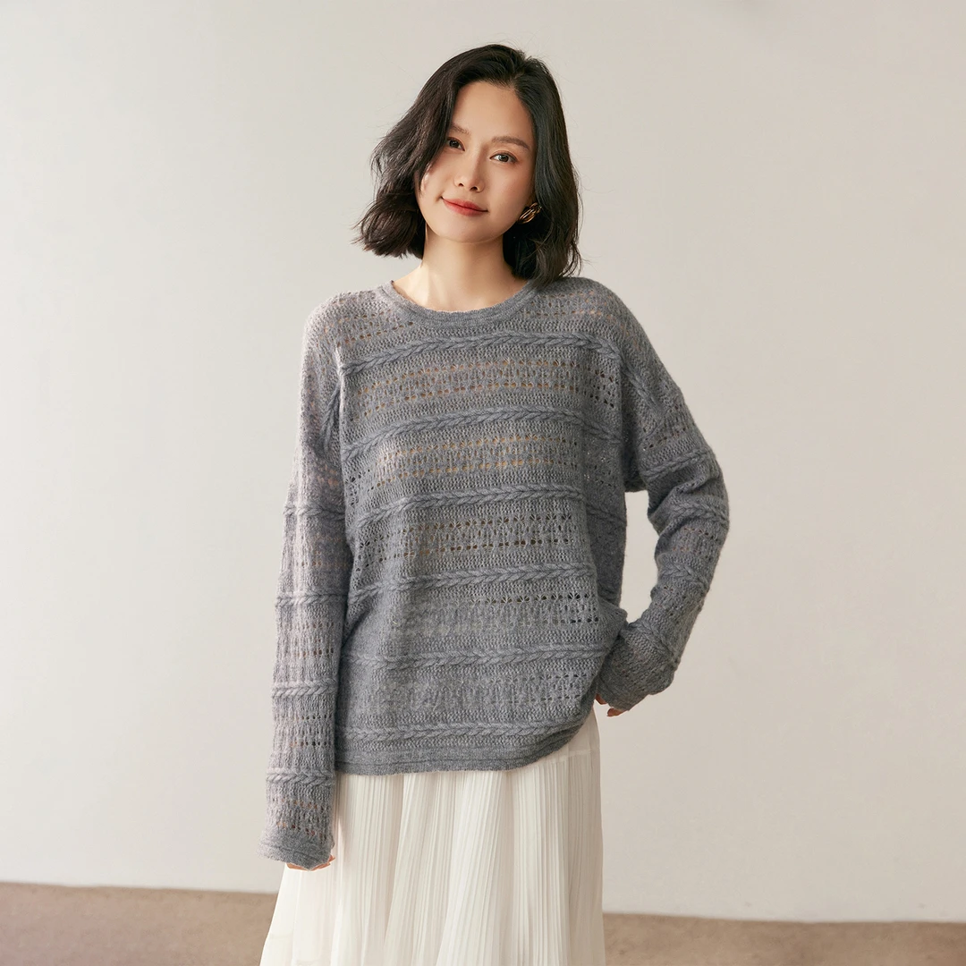 秋季新款女装镂空圆领针织毛衣大码宽松韩版羊绒衫上衣气质打底衫