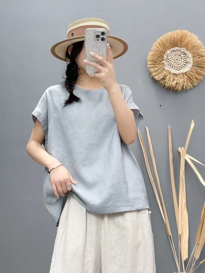 0014新款夏季宽松休闲百搭纯色亚麻短袖T恤