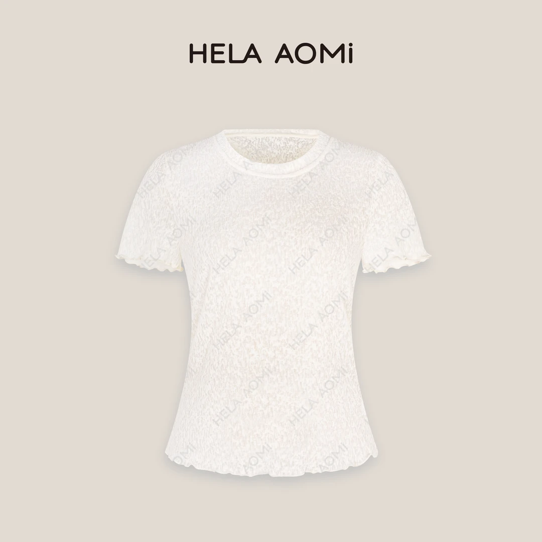 HELAAOMI 莱赛尔时尚正肩木耳边修身圆领短袖T恤CY5BB23612