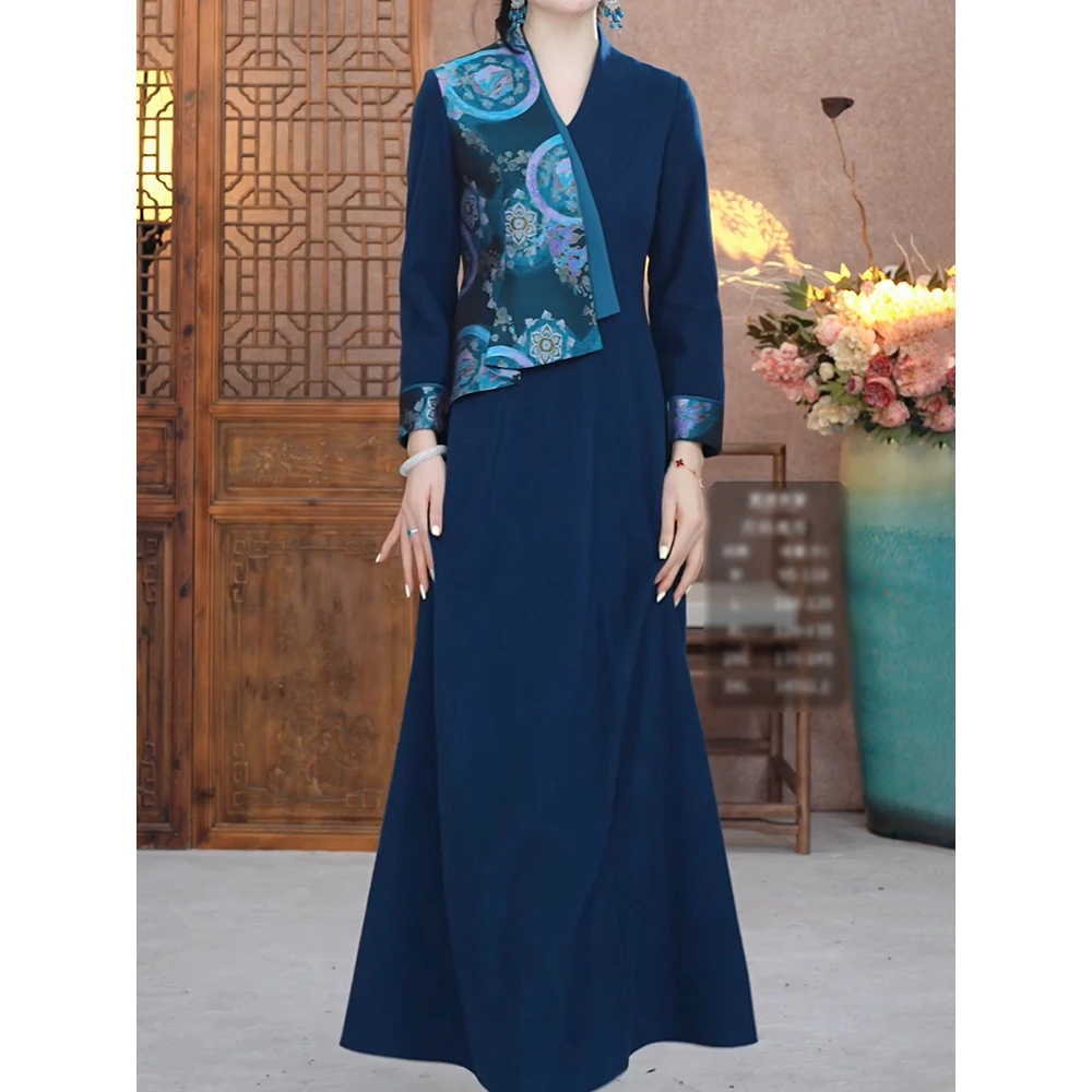 国风新中式原创设计印花撞色拼接v领a字连衣裙高级轻奢时尚2025新