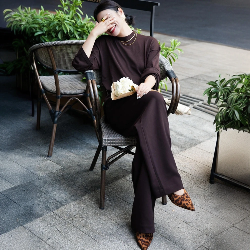 美拉德一整套穿搭女秋季新款时尚宽松休闲长袖上衣直筒长裤两件套