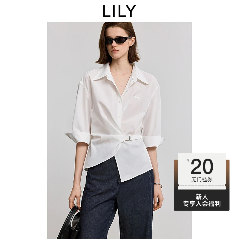 LILY2025秋新款女装简约休闲落肩设计感收腰薄款衬衫125329C4950