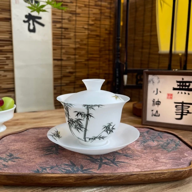 超薄胎纯手绘竹节大容量泡茶碗家用办公高茶具送礼可定制手工陶瓷